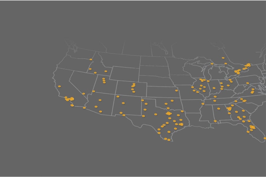 Map of the US with gold dots for Rush Truck Centers locations
